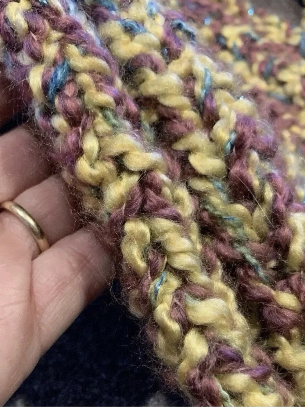 Hand Knit Keyhole Scarf Double Knit Homespun Gold Acrylic & Red Wine Rowan Wool